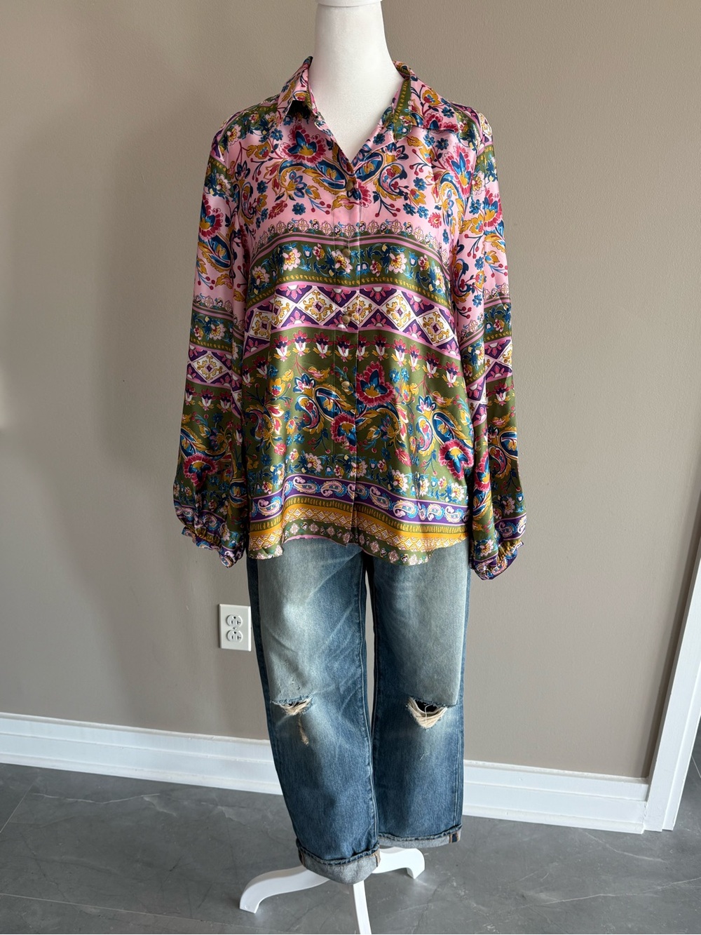 Zara Pink & Olive Paisley Button-Down Shirt